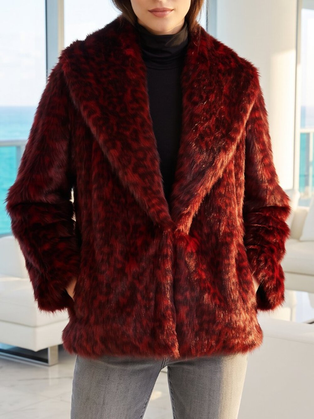 $598 NATORI FAUX FUR JACKET red leopard S